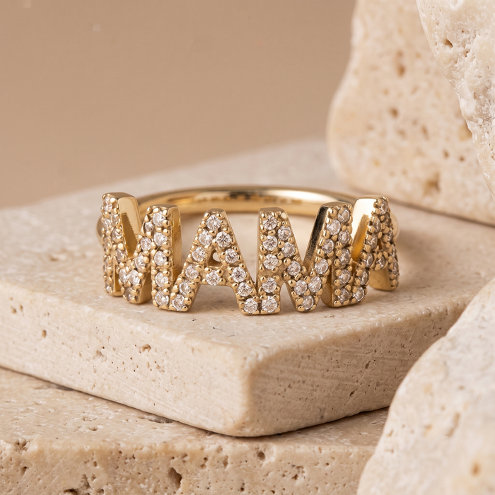 Diamond Encrusted Mama Ring in 14K Yellow Gold