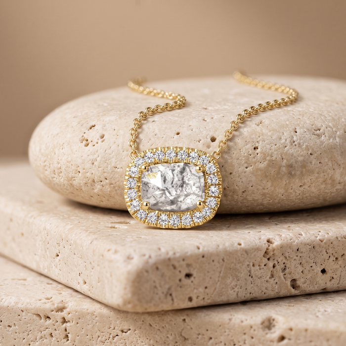Cushion Cut Diamond Halo Pendant Necklace in 14K Gold