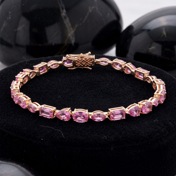 Exquisite Pink Sapphire 14K Yellow Gold Tennis Bracelet