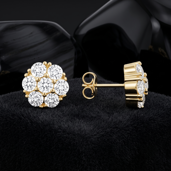 Diamond Flower Cluster Push Back Earrings in 14K Yellow Gold