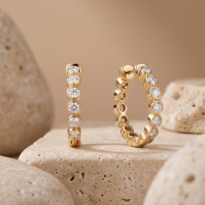 Bubble Bezel Diamond Huggie Hoop Earrings in 14K Yellow Gold