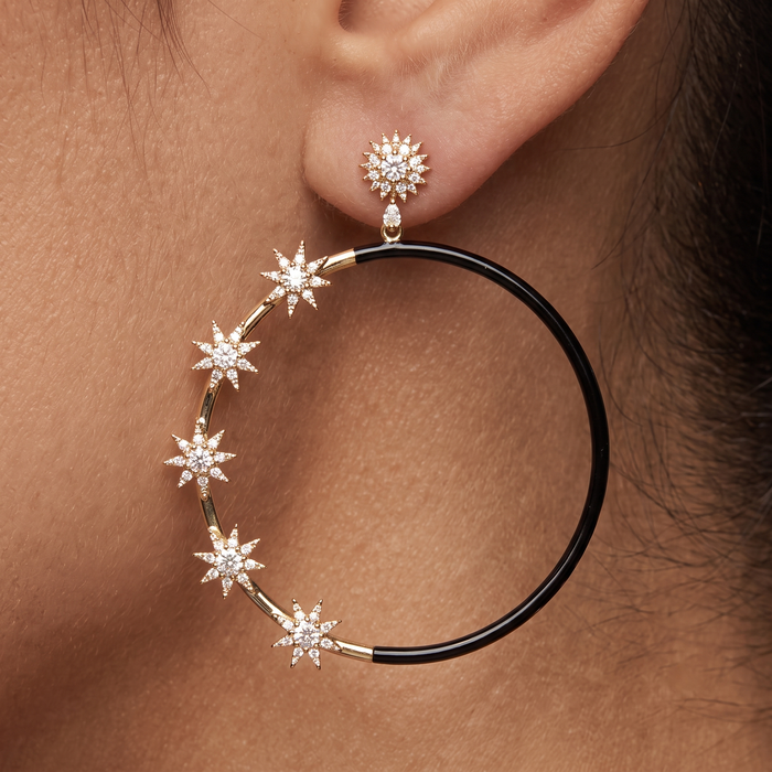 Black Enamel Starburst Hoop Earrings in 14K Yellow Gold