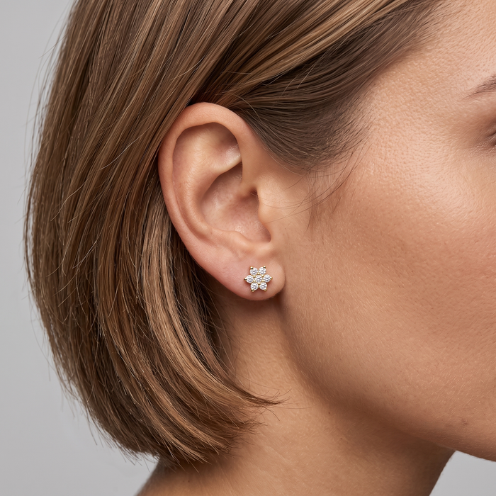 Floral Round Diamond Stud Earrings in 14K Yellow Gold