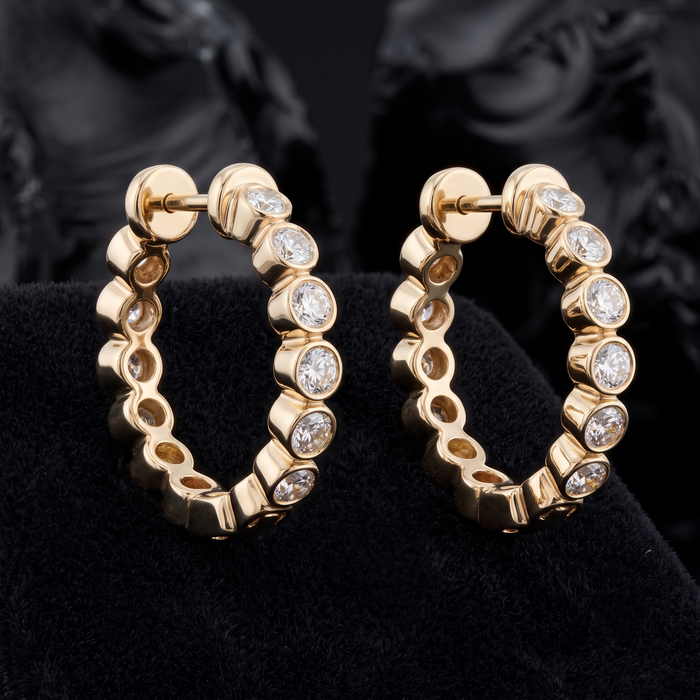 Bubble Bezel Diamond Huggie Hoop Earrings in 14K Yellow Gold