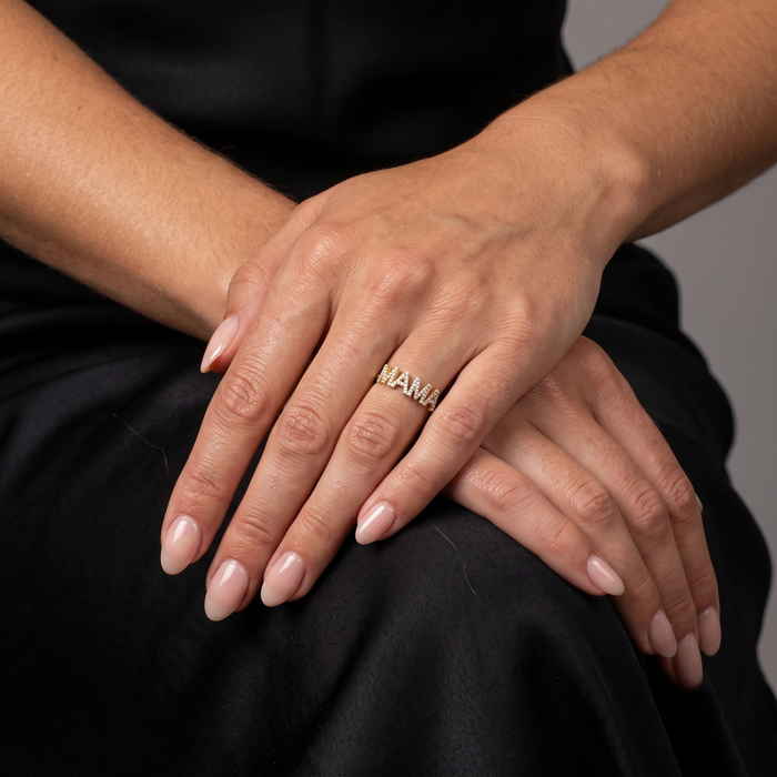 Diamond Encrusted Mama Ring in 14K Yellow Gold