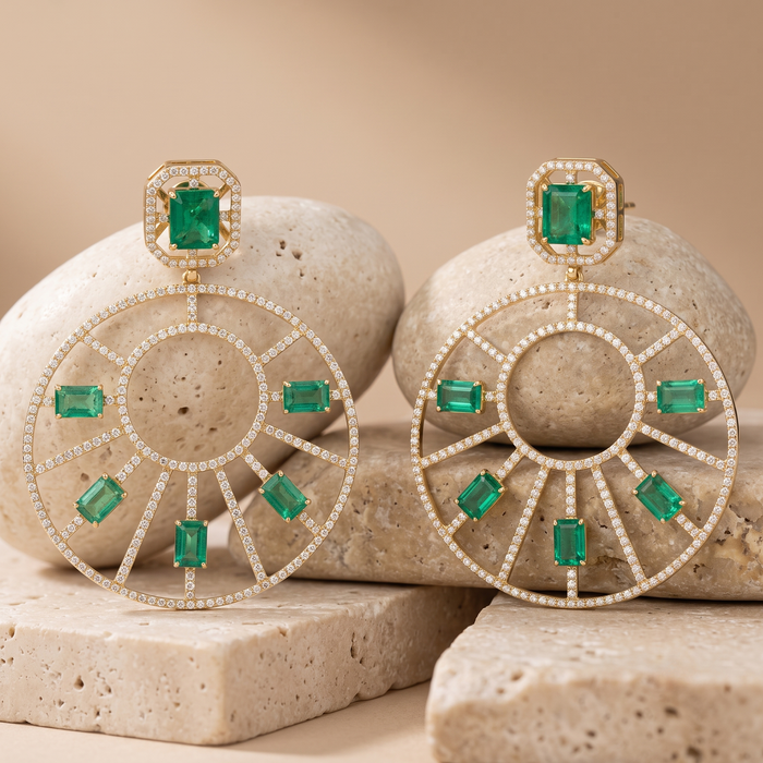 Emerald Diamond Sunburst Statement Earring in 14K Yellow Gold