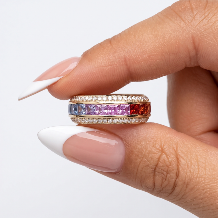 Distinctive Multicolor Sapphire 14K Gold Band Ring