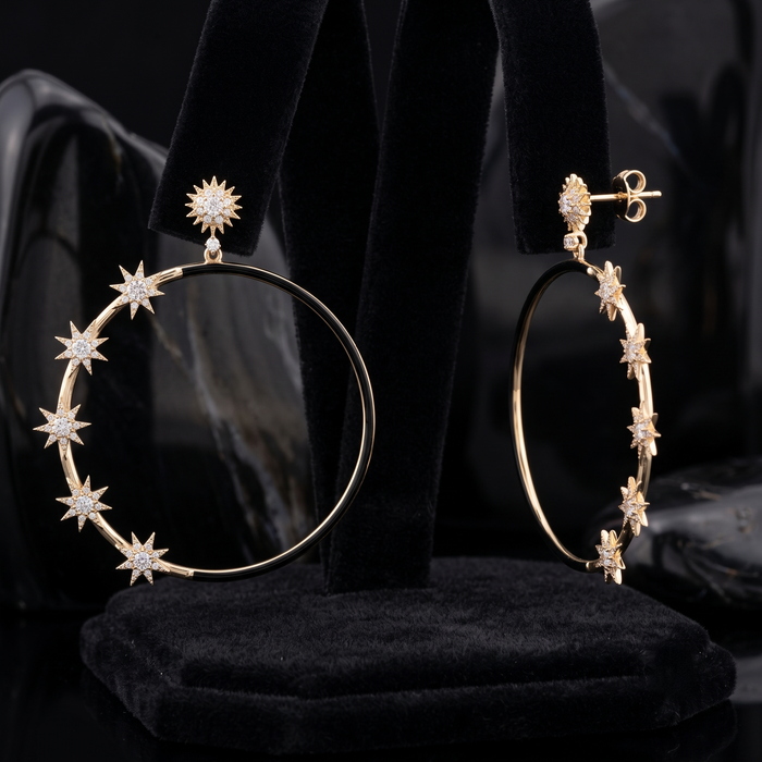 Black Enamel Starburst Hoop Earrings in 14K Yellow Gold
