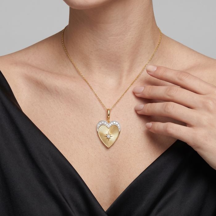 Diamond Starburst Heart Pendant Necklace in 14K Yellow Gold