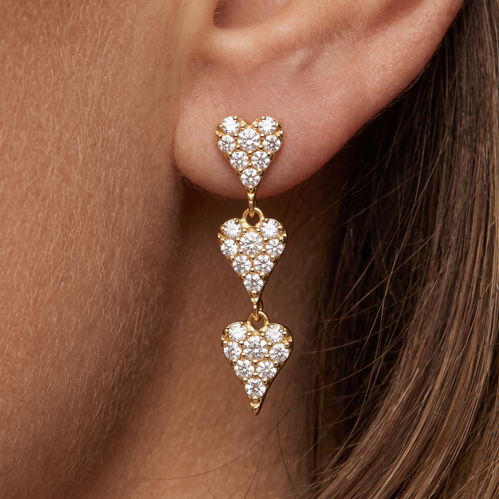 Triple Heart Trail Drop Earrings in 14K Yellow Gold