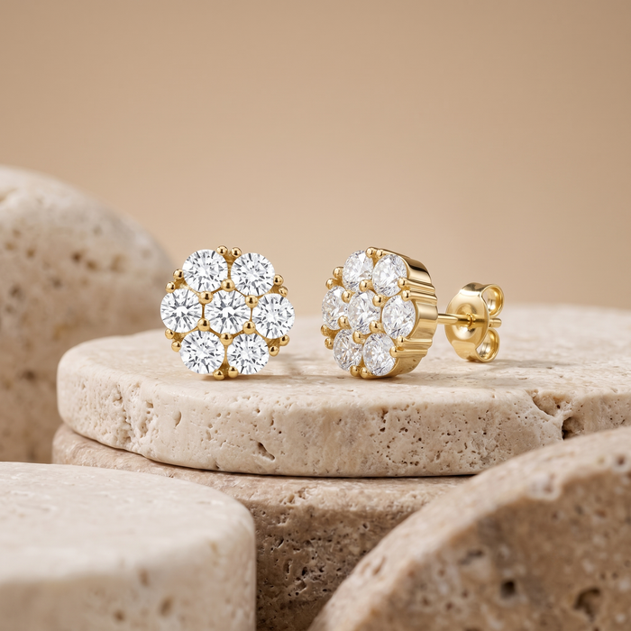Diamond Flower Cluster Push Back Earrings in 14K Yellow Gold