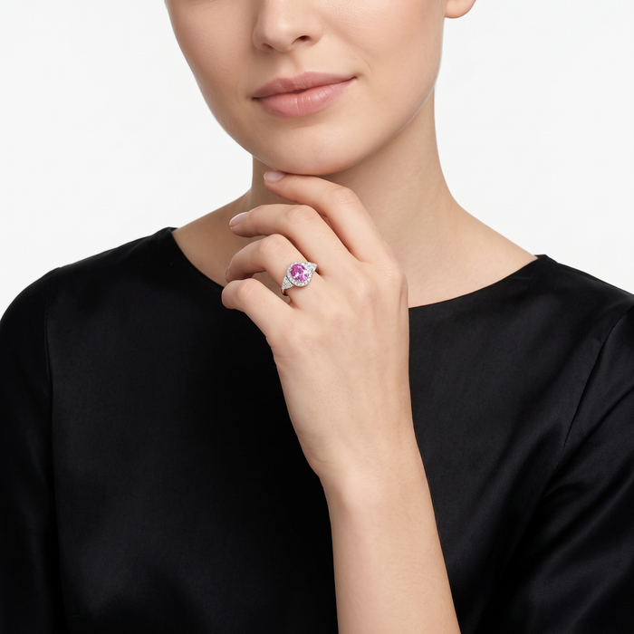 Elegant Oval Pink 14K Sapphire Diamond Halo Ring