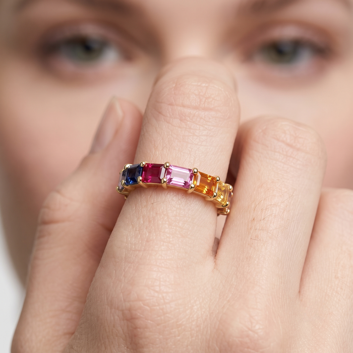 Colorful Sapphire Baguette 14K Gold Eternity Ring