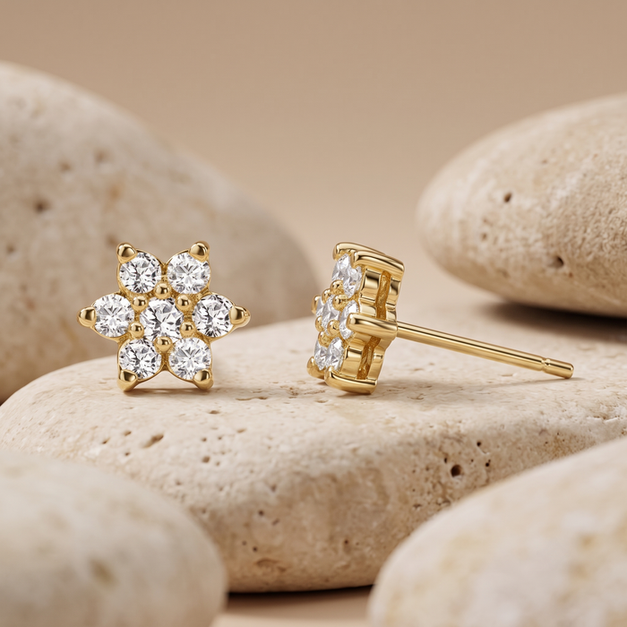 Floral Round Diamond Stud Earrings in 14K Yellow Gold