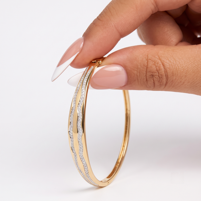 106 Dual Diamond Wave Design 14K (or 18k upon request) Yellow Gold Bangle Bracelet