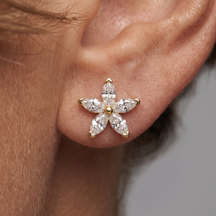 Marquise Star Diamond Flower Stud Earrings in 18K Yellow Gold