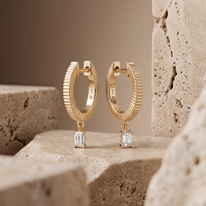 Emerald Cut Drop Charm Huggie Earrings in 14K Yellow Gold