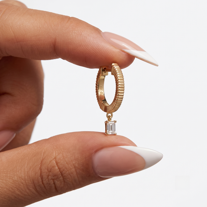 Emerald Cut Drop Charm Huggie Earrings in 14K Yellow Gold