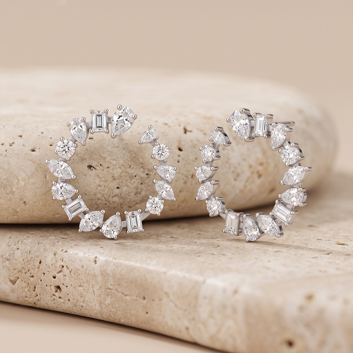 Radiant Cluster Mixed Diamonds Circle Earrings in 18K White Gold