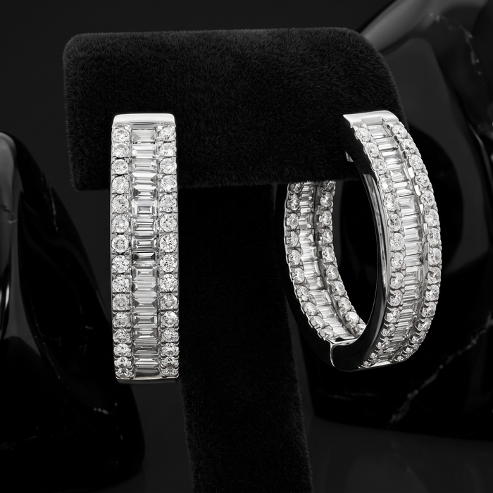Pave Baguette Diamond Huggie Hoop Earrings in 14K White Gold