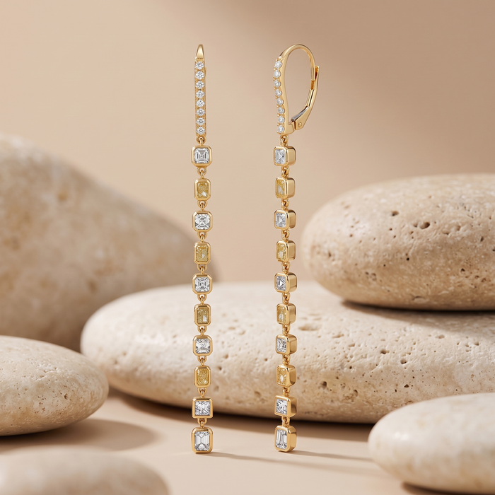Asscher and Emerald Cut Diamond Delicate Modern Earrings in 18K Yellow Gold
