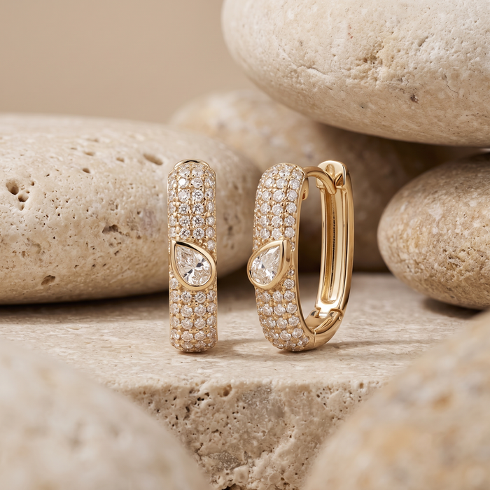 Pear Cut Accent Pave Diamond Huggie Earrings in 14K Yellow Gold