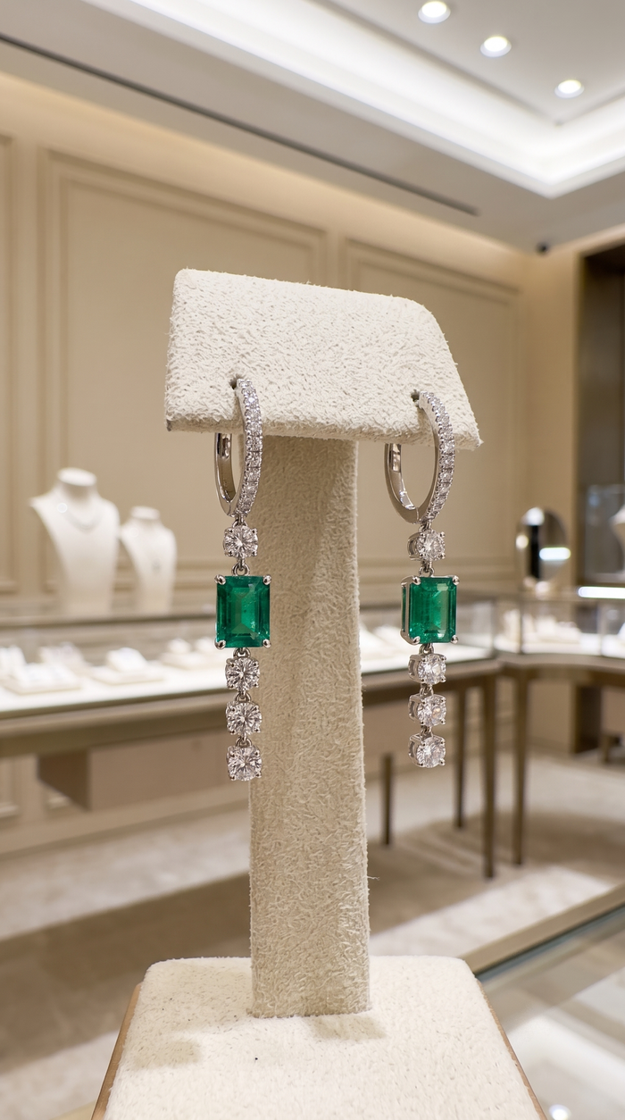 Emerald Cut Diamond Drop Hoop Earrings in 14K Gold