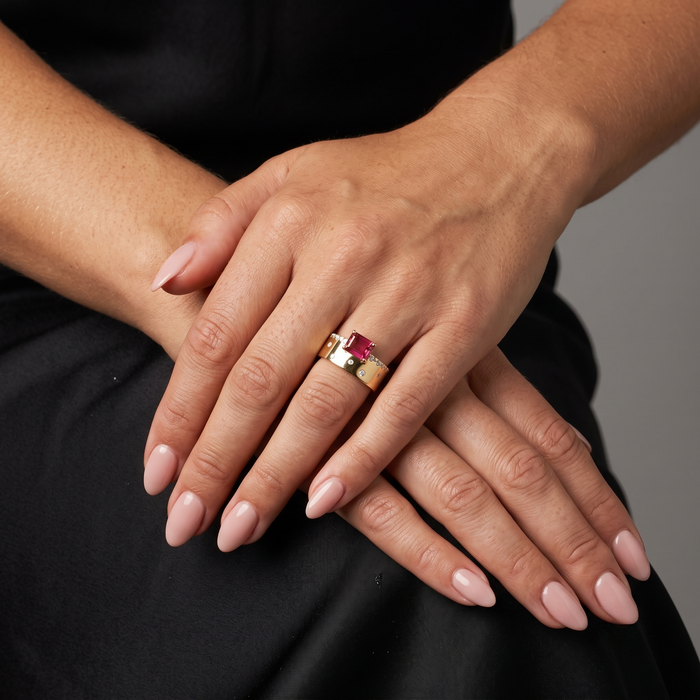 Emerald-Cut Pink Tourmaline Diamond Ring in 14K Yellow Gold