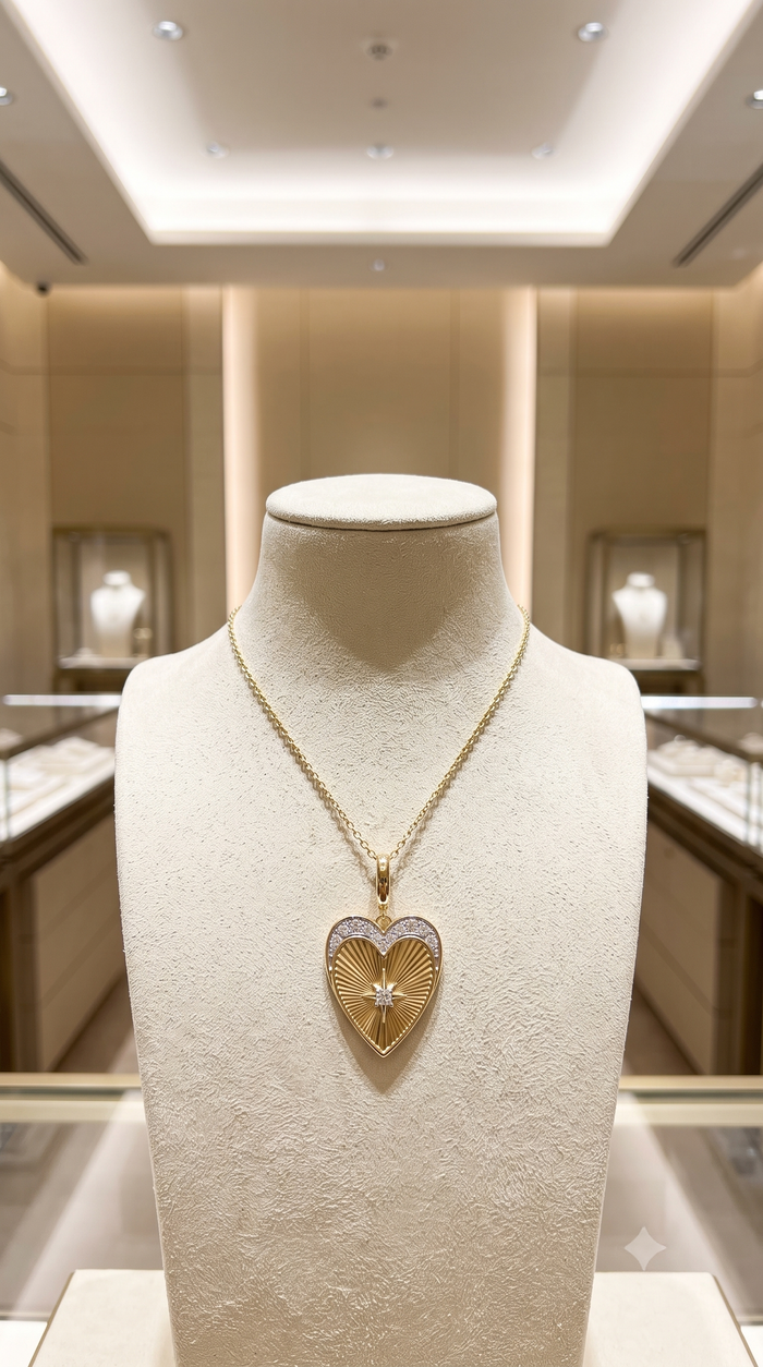 Diamond Starburst Heart Pendant Necklace in 14K Yellow Gold