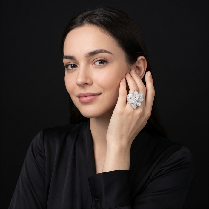 Double Finger Flower Diamond Ring in 18K White Gold