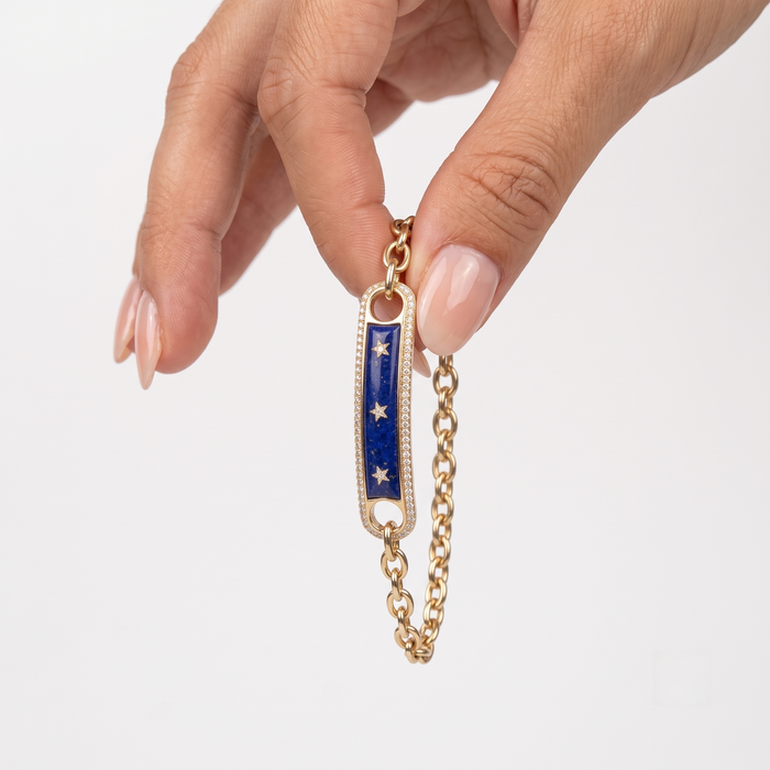 Lapis Inlay Diamond Frame Star Bar Charm Bracelet in 14K Yellow Gold