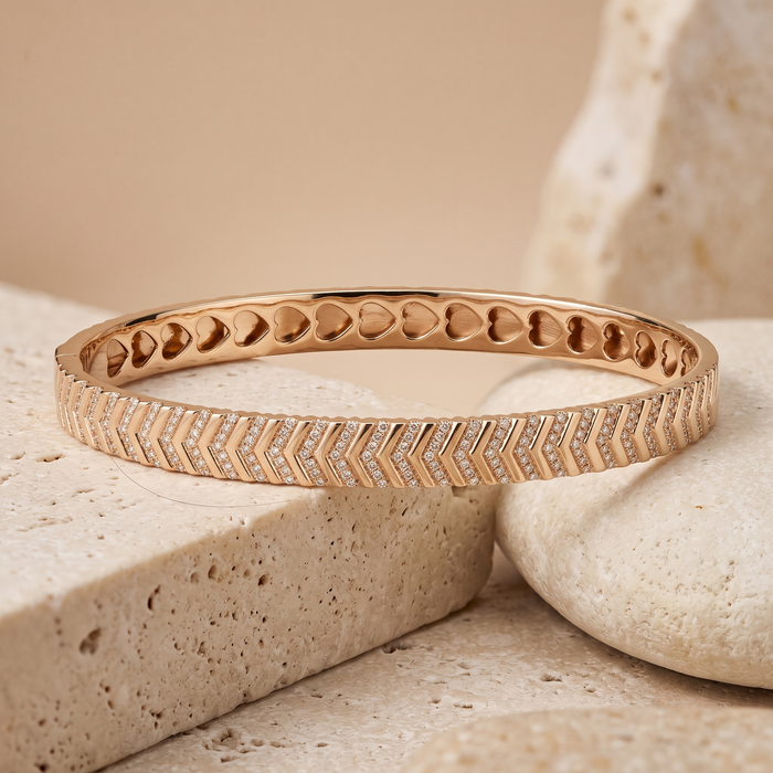 Heart Interior Chevron Bangle Bracelet in 14K Yellow Gold