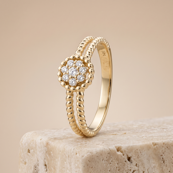 Round Diamond Pave Set Cluster Beaded Ring in 14K Gold