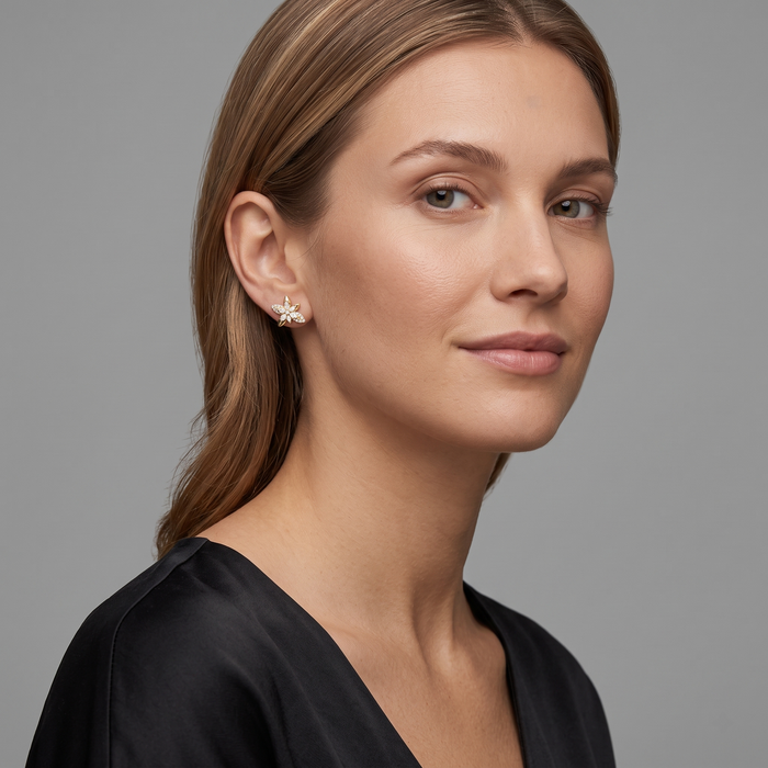 Marquise Diamond Five Petal Flower Stud Earrings in 14K Yellow Gold