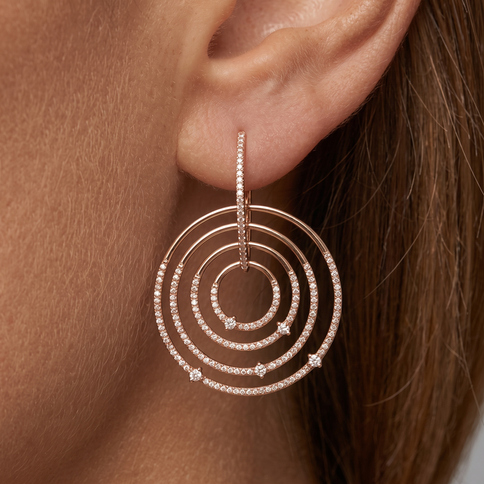 Concentric Circle Diamond 14K (or 18k upon request) Yellow Gold Drop Earrings