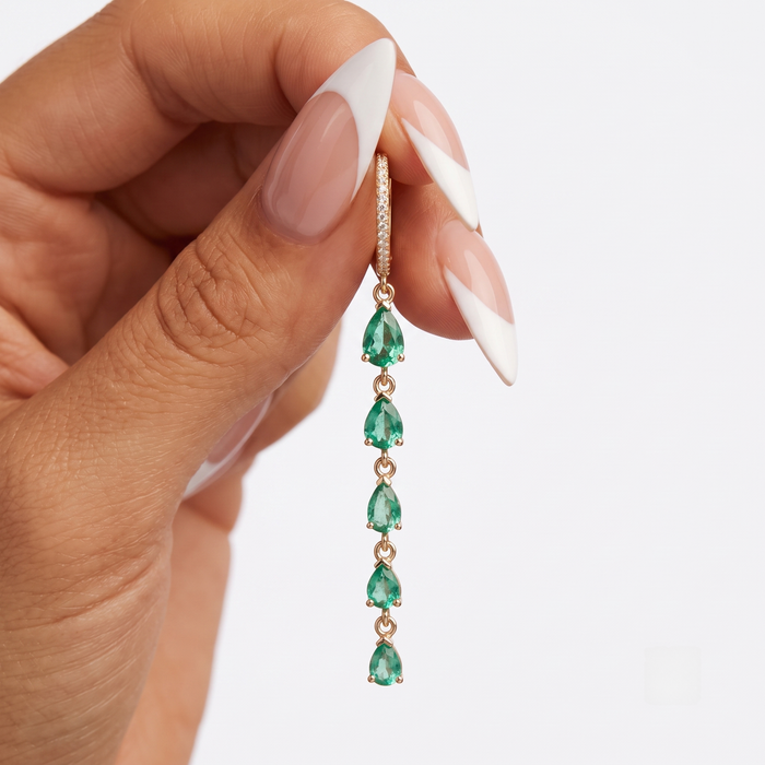 Graduated Pear Cut Emeralds Long Drop Earrings in 14K Gold