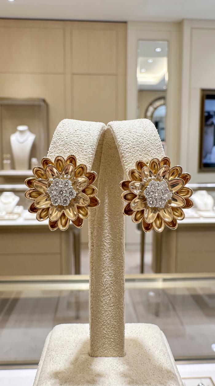Brilliant Cut Diamond Flower Stud Earrings in 14K Yellow Gold