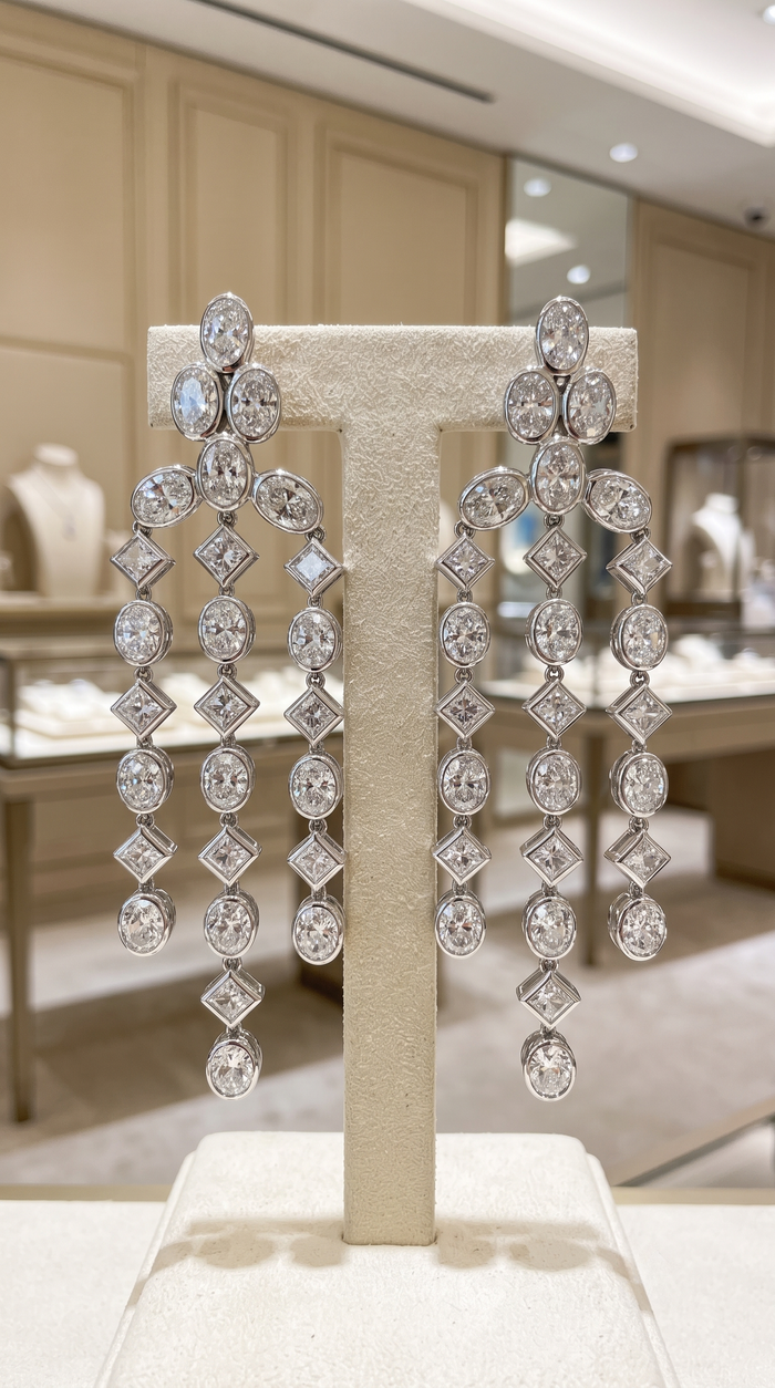 Oval Shape Chandellier Diamond Earrings in 18K White Gold