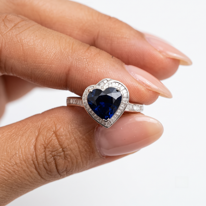 Heart-Cut Blue Sapphire Diamond Halo Ring in 14K White Gold