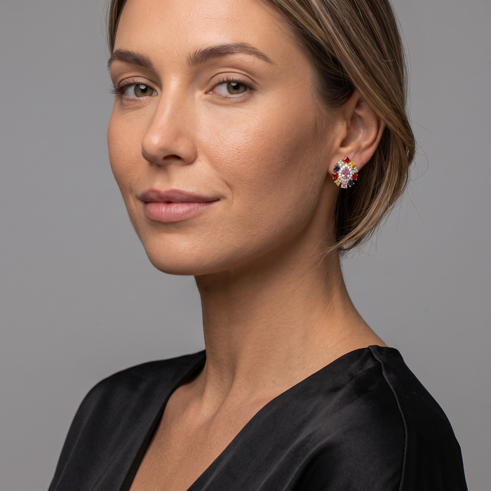 Multi-Sapphire Diamond Stud Earrings in 14K Yellow Gold