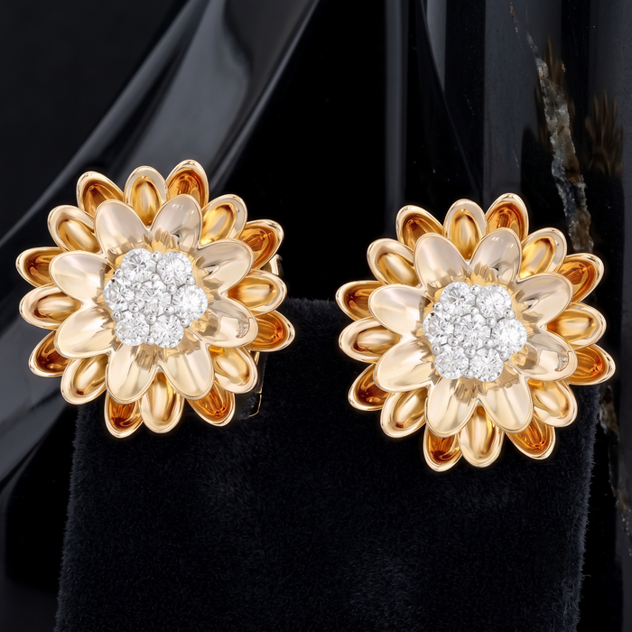 Brilliant Cut Diamond Flower Stud Earrings in 14K Yellow Gold