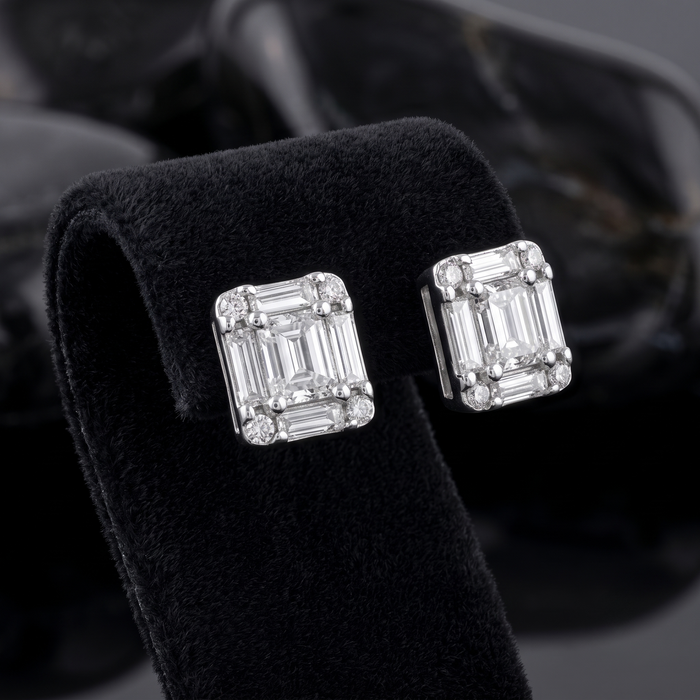 Asscher Cut Diamond Stud Earrings in 14K White Gold