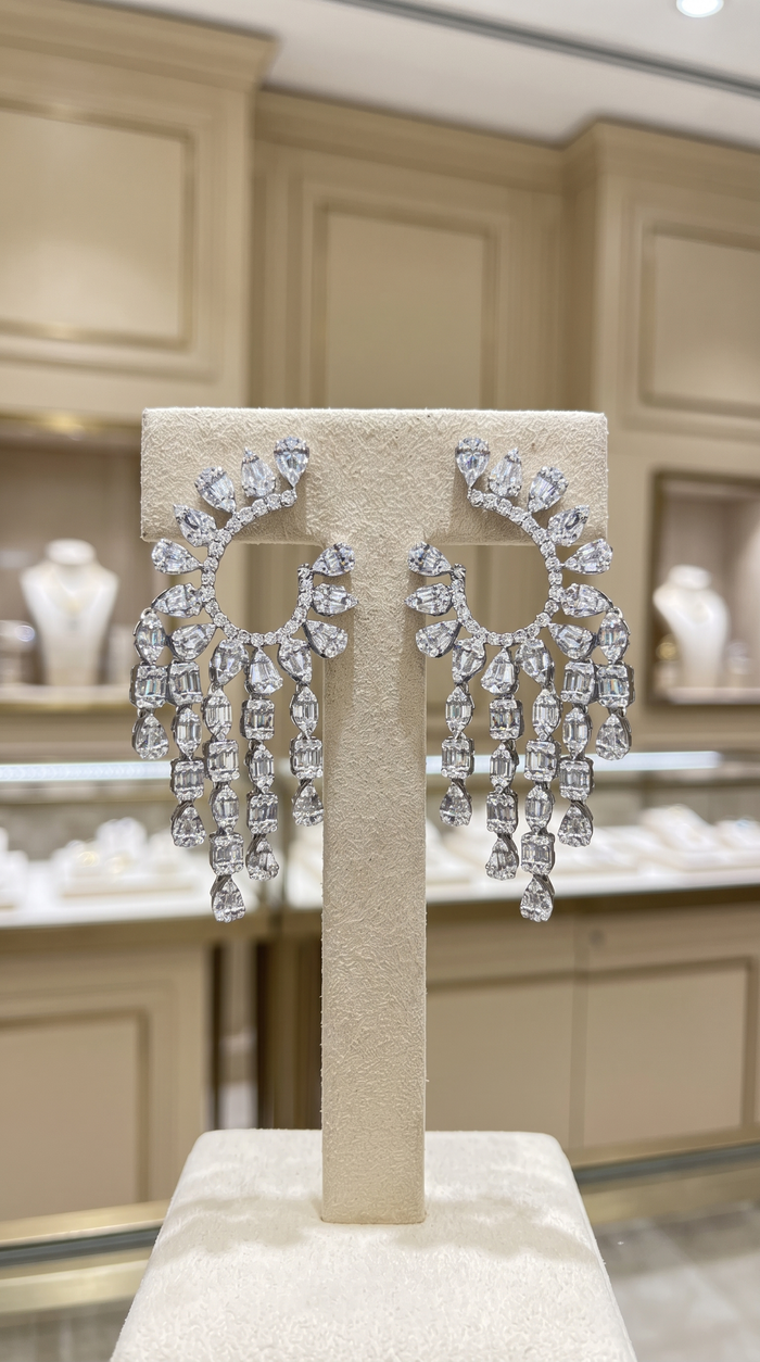 Chandelier Pear Marquise Diamond Statement Earrings in 18K White Gold