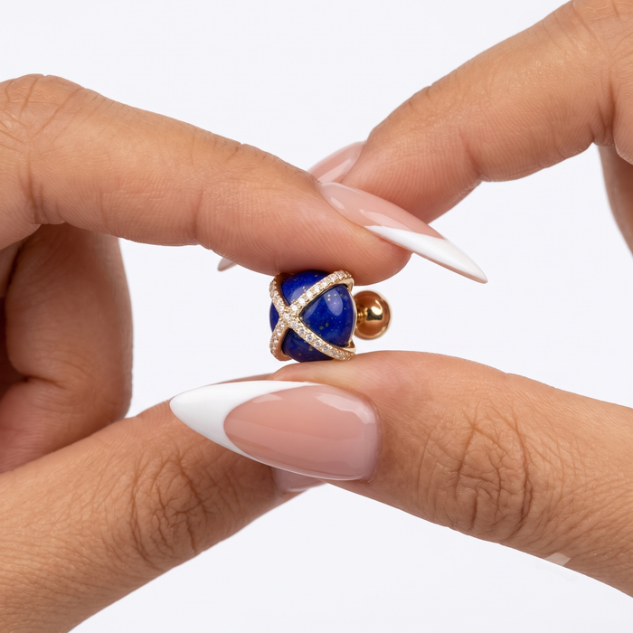 Charm Lapis Pearl Diamond Stud Earrings in 14K Yellow Gold