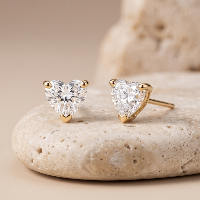 Heart Shaped Solitaire Stud Earrings in 14K Yellow Gold