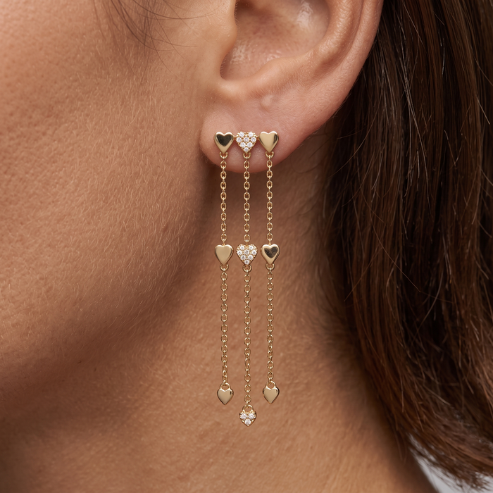 Triple Heart Dangle Diamond 14K (or 18k upon request) Yellow Gold Drop Earrings