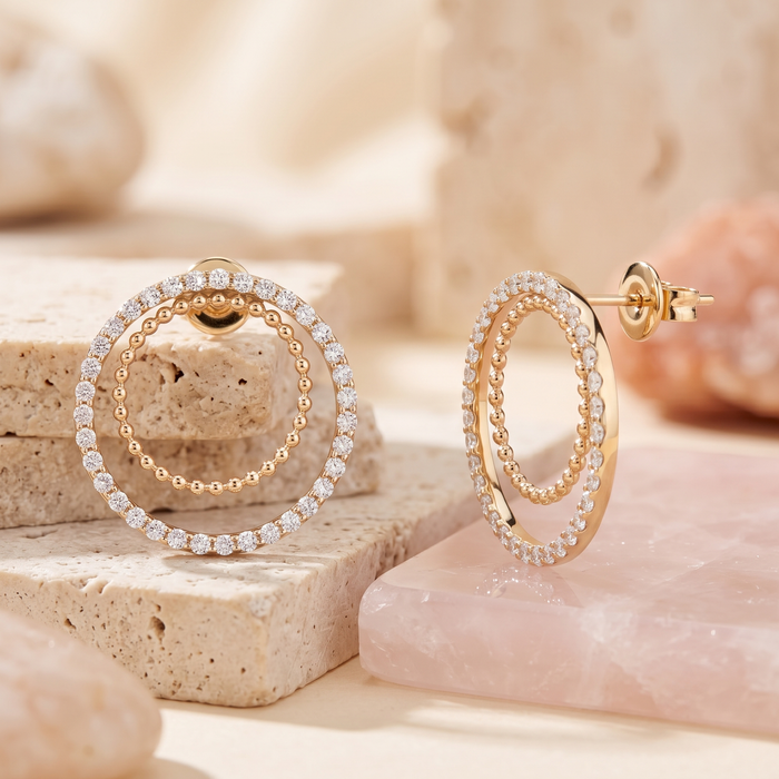 Double Circle Diamond Stud Earrings in 14K Yellow Gold