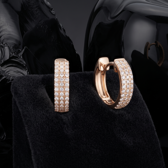 Triple Row Diamond Pavé Huggie Earrings in 14K Yellow Gold