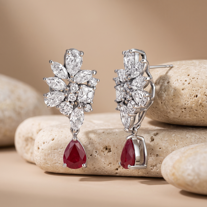 Floral Cluster Diamond Ruby Drop Earrings in 18K White Gold
