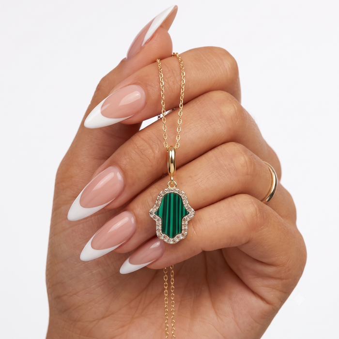 Malachite Hamsa Pendant Diamond Necklace in 14K Yellow Gold